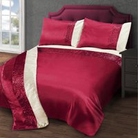 Satin Pleated Faux Silk Duvet Cover and Pillowcase Set - Burgundy / Cream / Single