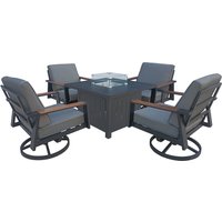 4 Seater Aluminum Patio Firepit Dining Set - Grey / 1x Fire Pit Table 4x Swivel Armchair