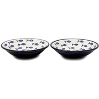 Signature Blue White Fish Hand Painted Ceramic Pasta Bowls - Blue