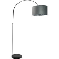 Louis Black Arched Floor Lamp with Grey Velvet and Chrome Inner Shade and Bulb - Black