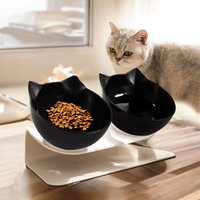 Double Bowl Slanted Cat Feeder - Black + White