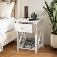 MDF Bedside Table with X-Shaped Side Design - White