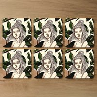 Young woman in tropical leaves Designer Coaster Set - Green