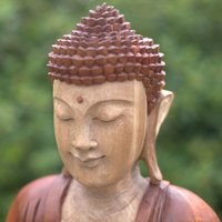 Buddha Statue Natural Suar Wood Art - Orange