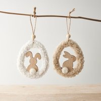 Set of 2 Hanging Eggs Bunny Ornaments - White and Taupe