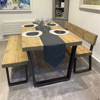 Grey Wash Chunky Handmade Dining Table plus Two Benches - Rugger Brown / 160cm / 140cm
