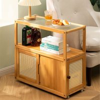 Mobile Side Table with Glass Top and Small Cabinets - Natural