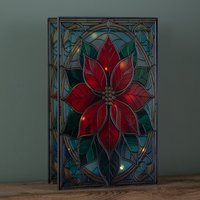 Battery Operated Double Sided Stained Glass Poinsettia with LEDs - Red