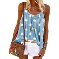 Daisy Print Linen Blend Cami Top - Blue / 69cm