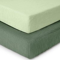 Muslin Cot Bed Fitted Sheets 2 Pack - 100% Cotton, Soft & Breathable, 140 x 70cm - Green & Light Green