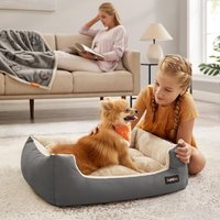 Dog Sofa Bed, Raised Pet Bed with Reversible Cushion, Dove Grey and Sand Beige - Dark Grey