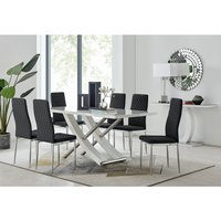 FurnitureboxUK, Mayfair Large White Dining Table 6 Milan Dining Chairs - Black FurnitureboxUK, Mayfair Large White Dining Table 6 Milan Dining Chairs - Black