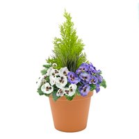 Artificial Purple and White Pansies in Terracotta Pot Patio Planter - Purple and White
