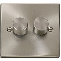 Satin Brushed Chrome 2 Gang 2 Way LED 100W Trailing Edge Dimmer Light Switch - Black