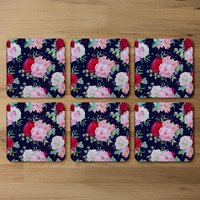 Roses On Navy Coaster - Pink