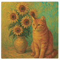 Van Gogh Sunflowers Cat Portrait Glass Hot Pot Stand - Heat Resistant Non-Slip Trivet - Orange