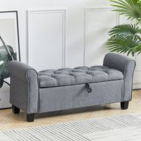 Linen Rolled Arm Storage Ottoman Button Tufted Pouffe Bench Chest - Light Grey