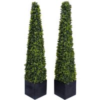 Set of 2 Artificial Pyramid Topiary Trees Black Square Planter - Green
