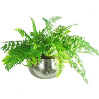Large Artificial Ferns Display with XL Metal Silver Bowl Planter - Green