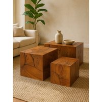 Surak Set of 3 Solid Teak Wood Side Tables and Stools - Brown