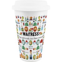 Novelty Waitress Ceramic Travel Mug - Reusable Drinks Cup Gift - White