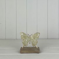 Light Green Metal Butterfly on Wooden Base - Light Green