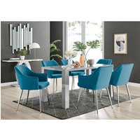 Pivero Grey High Gloss Kitchen Dining Table and 6 Calla Silver Leg Velvet Chairs - Blue