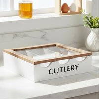 3 Compartment Window Lid Cutlery Utensil Holder - White