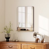 HOMCOM Decorative Mirror with Wood Shelf, Industrial Wall Mirror - Black / 50cm