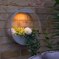 Solar Power LED Lit Circular Wall Planter - Grey / 25cm