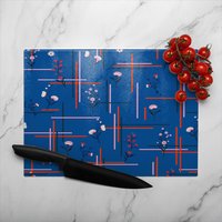 Flowers With Check Grid For Fashion Glass Chopping Board - Blue