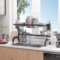 HOMCOM Space Saving 2 Tier Over The Sink Dish Drainer Rack - Black / 30cm / 100cm