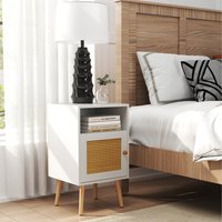 Wooden Rattan Nightstand - White