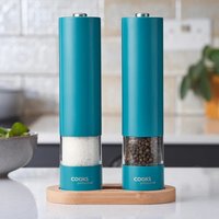 Electric Automatic Salt and Pepper Mill Set with Bamboo Base - Teal