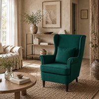 Dark Green Velvet-Feel Wingback Accent Chair with High Back Pillow and Wooden Legs