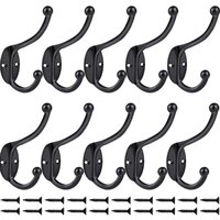 Zinc Alloy Double Hat and Coat Hooks Door Wall Black 10 Pack - Black