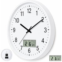 12 Inch Silent Wall Clock with Date and Day Temperature Day of Week LCD Display for Living Room LCD Digital Wall Clock Battery