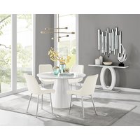 Palma White High Gloss Round Dining Table and 4 Pesaro Silver Leg Chairs - Cream