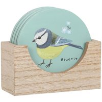 British Garden Birds Coaster Set Adorable Bird Illustrations - Teal