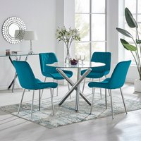 Selina Round Dining Table With Four Pesaro Silver Leg Chairs - Blue