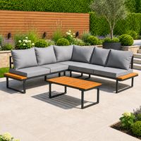 L Shape Corner Sofa Garden Furniture Set With Table And Cushions - Black
