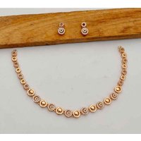 Rose Gold Plated Designer CZ Necklace Set with Studded American Diamonds - Bronze / 2