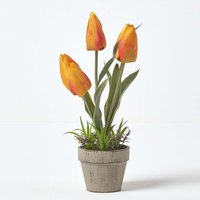 Homescapes Orange Red Artificial Tulips in Grey Decorative Stone Pot, 27 cm - Orange