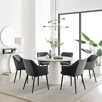 Palma Beige Stone Effect Round Dining Table and 6 Calla Black Leg Chairs - Black