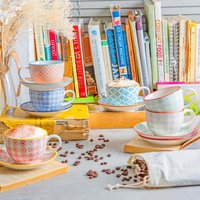 250ml Hand-Printed Cappuccino Cup and Saucer Set - 6 Colours / 12