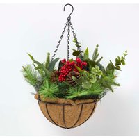 Artificial Winter Woodland and Eucalyptus Hanging Basket - Green and Red
