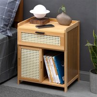 Wooden Bedside Cabinet with Sliding Doors and Double Compartments - Wood