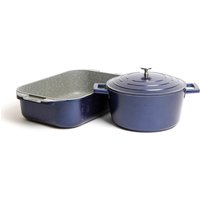 MasterClass 2pc Blue Cast Aluminium Set - 4L Casserole Dish 34cm Roasting Pan - Blue