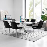 Atlanta 6 White Dining Table and 6 Pesaro Silver Leg Chairs - Black