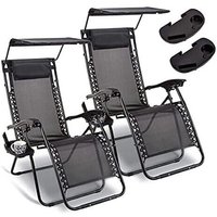 2x Zero Gravity Sun Loungers with Canopy and Drink Holder - Black